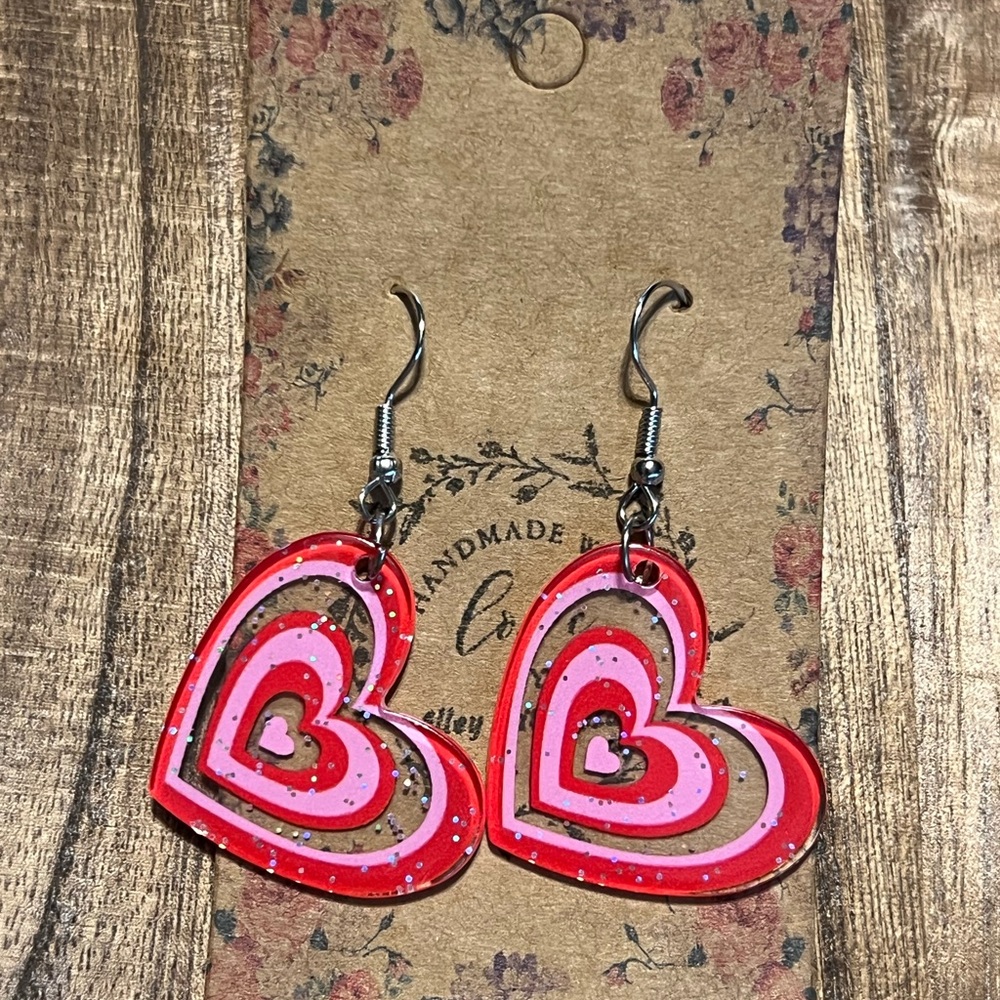 Red and Pink Acrylic Heart Earrings Pinup Retro